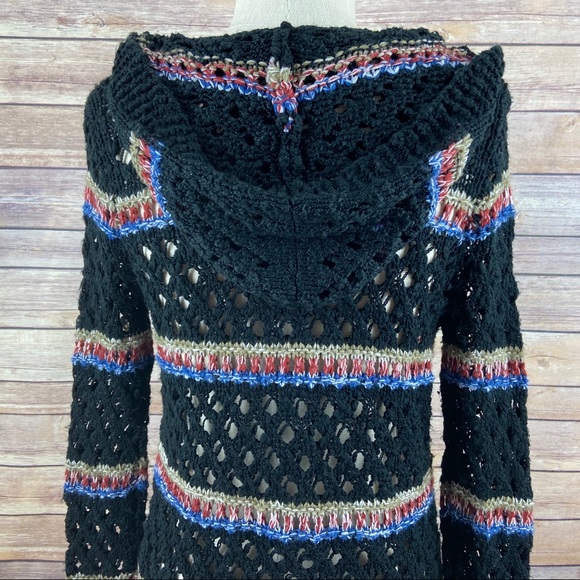 Love Tree Hooded Cardigan Long Macrame Fringe Open Knit Colorful Stripe Sweater - Picture 7 of 12